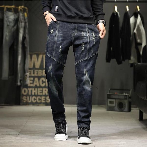 

men's jeans loose hiphop baggy denim pants leisure men clothing cargo trousers patchwork jean big size 44 mens bottoms, Blue