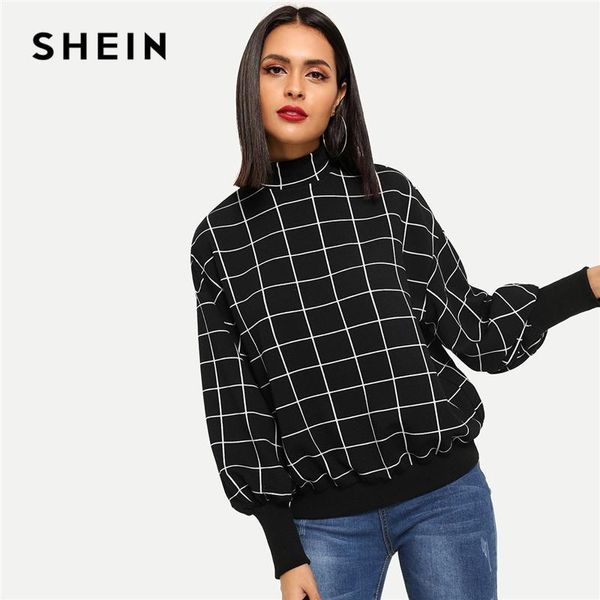 

black minimalist mock-neck grid plaid stand collar pullover sweatshirt autumn preppy campus casual women sweatshirts clothes1