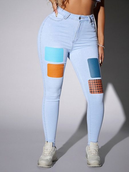 

sxy plaid print colorblock skinny jeans v0ow#, Blue