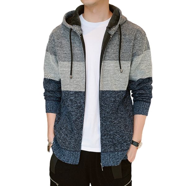 

cardigan 2020 thick men's striped zipper with hoodie colorblocking fashion fine knitted male sweater n4kq, White;black