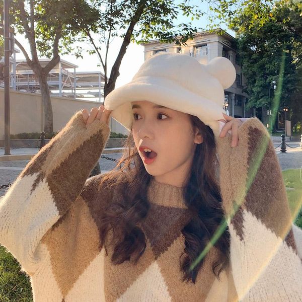 

fashion autumn winter leopard fur bucket hat bear ear ball plush fisherman hat soft warm thick basin protection bucket hats, Blue;gray