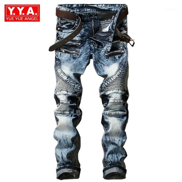 

2018 new fashion high street mens biker jeans pants slim fit pleated motorcycle denim trousers multi zippers straight moto pants1, Blue