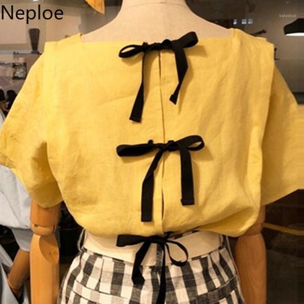 

neploe bow knot blouse women spring 2020 solid o neck short sleeve ladies blusa shirts fashion casual loose female 1a10221, White