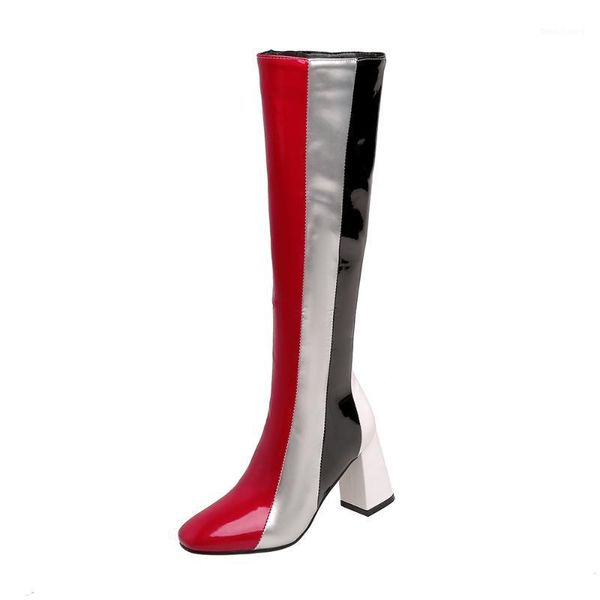 

round toe thick heel color-block patent leather knee-length boots stitching block white color-block red bright leather boots1, Black