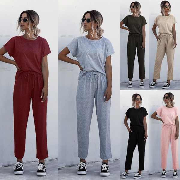 

6 color women summer tracksuits 2 piece set solid color lounge wear short sleeve o-neck long pants sweatsuits, Gray