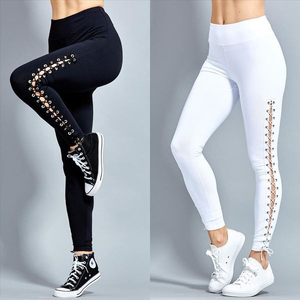 

womens black leggings stretch ladies solid skinny leggings casual fitness slim stretch elastic lace up, Black;white
