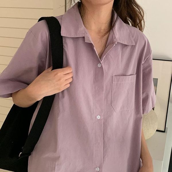 

summer vintage short sleeve temperament blouse korean style casual fashion cardigan shirt office ladies turn-down collar, White