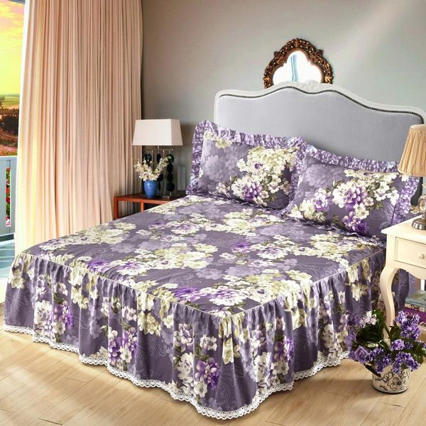 

purple blue blossom flowers printed ruffled bedskirt 100% cotton ultra soft 3pcs 160x200cm twin queen bed sheet set pillowcase