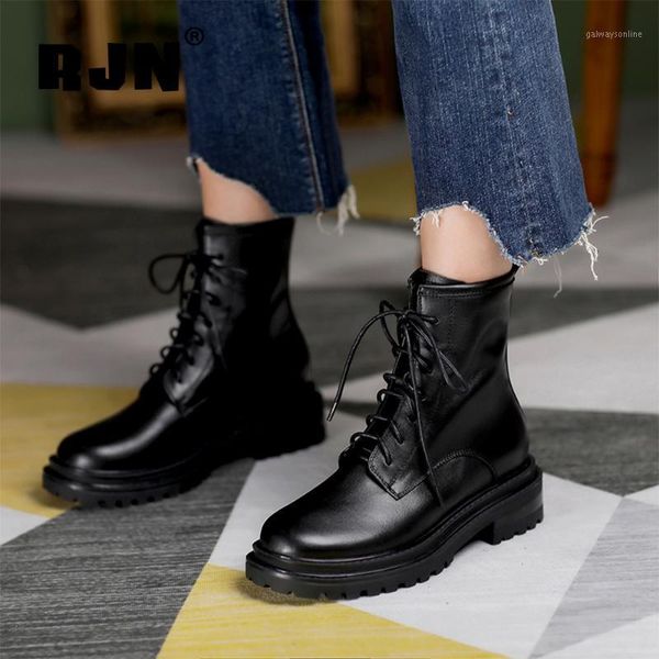 

boots rjn stylish autumn ankle cow leather round toe lace-up women shoes rubber outsole anti-skid ro3101, Black