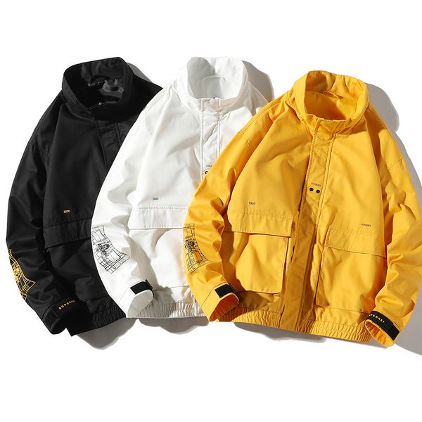 

mens jackets coats spring autumn new stand collar jacket letter print tide loose coat fashion male casual, Black;brown