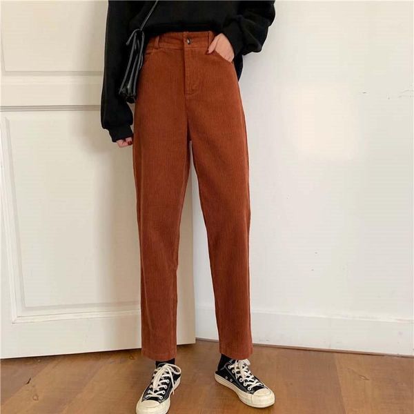 

alien kitty 2020 casual solid leisure corduroy straight all-match slim high waist loose women carrot trousers1, Black;white