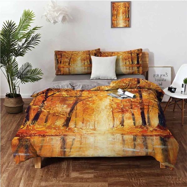 

painting of a forest by the small lake in autumn pale fall trees and leaves artbedding 3-piece set