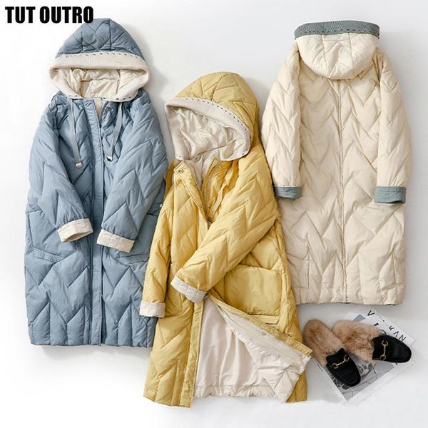 

women's down & parkas winter women oversize jacket long coats knitted hat stitching hooded coat black blue korean casual version