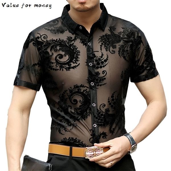 

paisley flower patter see through shirt short sleeve summer prom transparent shirt camisa masculina chemise homme c1211, White;black