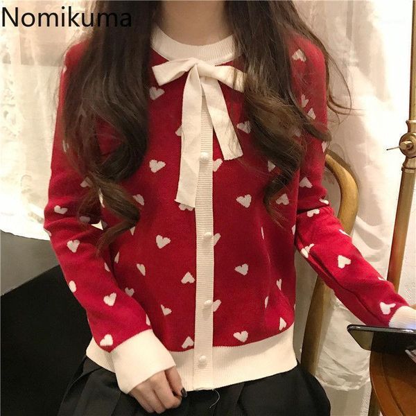 

nomikuma korean love heart women sweater bowknot o-neck long sleeve pullover knitwear 2020 autumn winter sweet knitted 6d4931, White;black