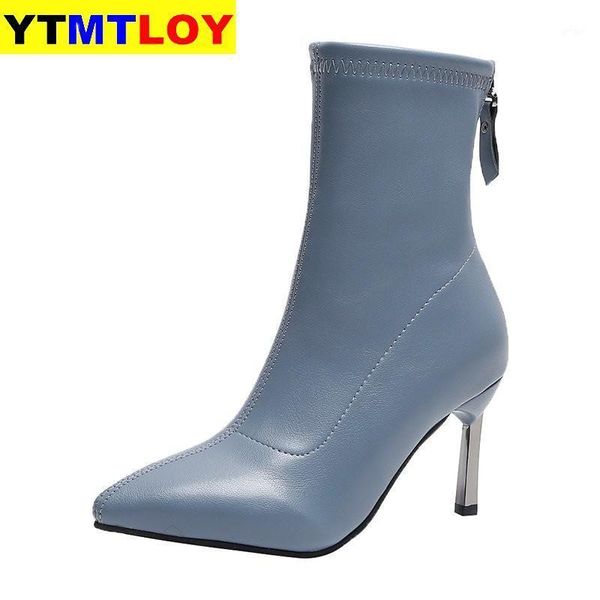 

stretch ankle boots women pointed toe slim booties thin high heels shoes woman soft boot female fashion shoes big size 34-31, Black