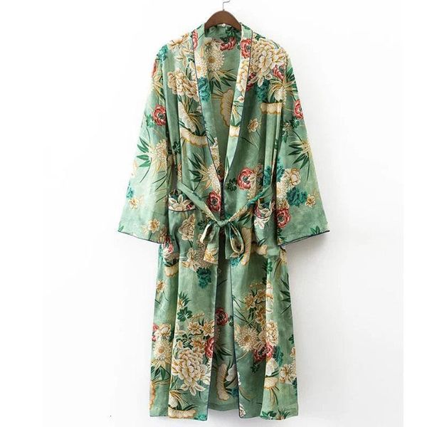 

x192 women vintage floral print green color long design jacket kimono outwear ladies summer double pockets with belt jackets top, Black;brown