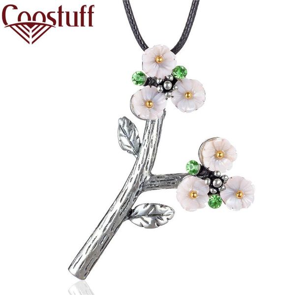 

vintage plant jewelry long necklace for women branches white flower pendants black rope chain jewellery suspension choker 2020, Silver
