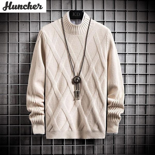 

huncher men's turtleneck sweater men 2020 winter solid plain vintage high collar jumper pullover sweaters oversized beige men, White;black