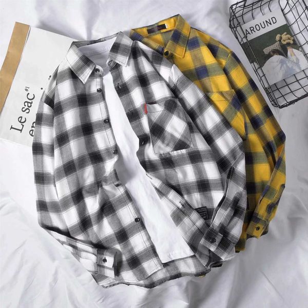 

men's korean fashion autumn new student handsome small fresh loose plaid long sleeve shirt, White;black