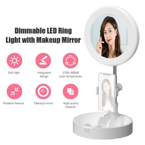 

flash heads portable led ring light foldable desk circle lamp dimmable fill with makeup mirror phone holder for selfie live streaming1