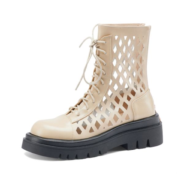 

genuine 2021 spring mid-heel hollow off round toe lace up to ankles female mujer boots rc2r, Black