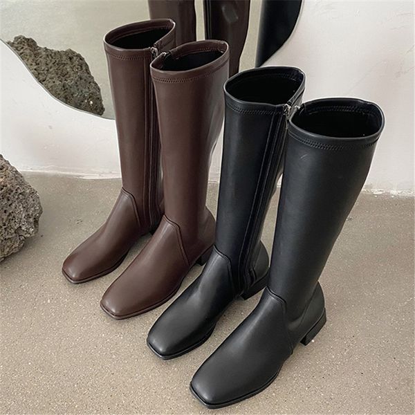 

2021 winter women's fashions upper thigh long, smooth boots beige and low heels high on knee 8313, Black