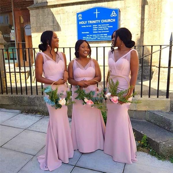 

blush tulle satin bridesmaid dresses plus size long v-neck unique shouder desigher open back wedding guest dress vestidos de noche v23, White;pink
