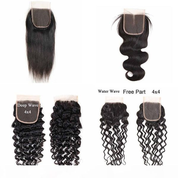 

remy human hair closure deep water wave brazilian virgin hair 4x4 lace closure 8-20 inch straight body wave lace closure natural black, Black;brown