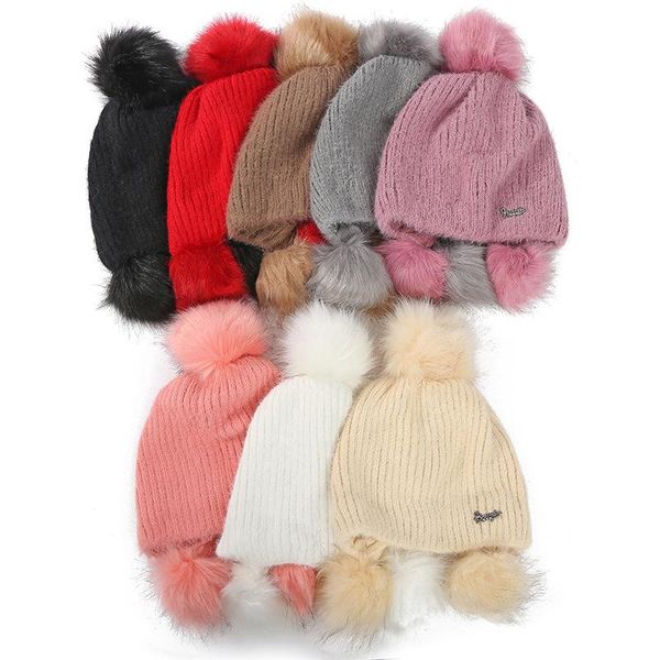 

beanie/skull caps ladies faux fuzzy fur pom wool knitted hat soft slouchy thickened pompom beanie skullies ski bonnet all match streetwear, Blue;gray