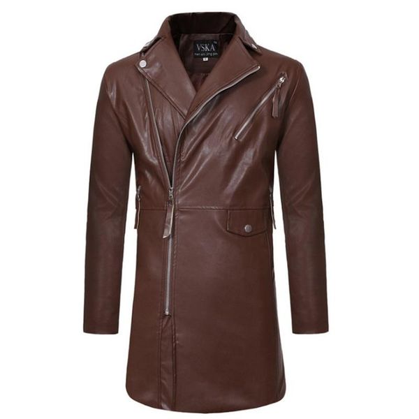 

men's fur & faux leather trench coat for men autumn winter zipper slim fit jacket male casual black long jaqueta couro ds50766