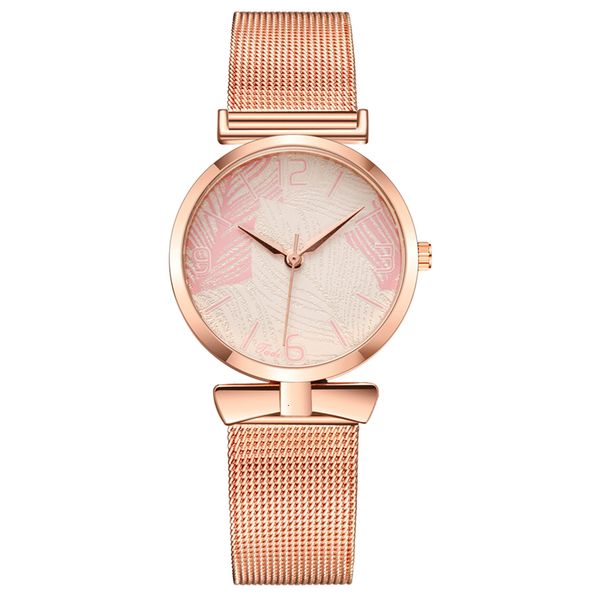 

fashion watch women rose gold stainless steel mesh belt watch creative design leaf pattern casual ladies dress watch girls gift, Slivery;brown