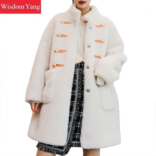 

winter fur coat women warm woollen sheep korean wool coats office lady loose casual white long teddy overcoat outerwear clothes1, Black