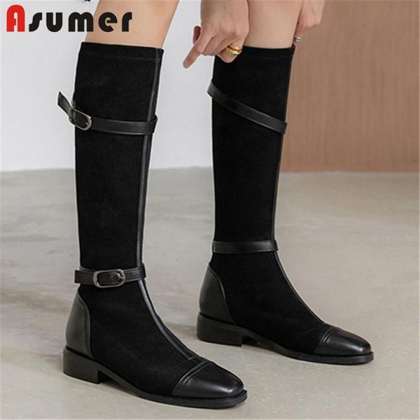 

Asumer 2021 New Arrive Low Heel Riding Boots Women Fashion Casual Shoes Buckle Cool Comfortable Autumn Knee High Boots Women, Black
