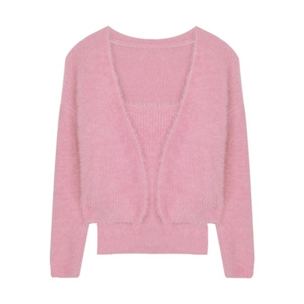 

2021 new mink cardigan women's short long-sleeved sweater coat camisole two-piece matching sets for women vgnt, Gray