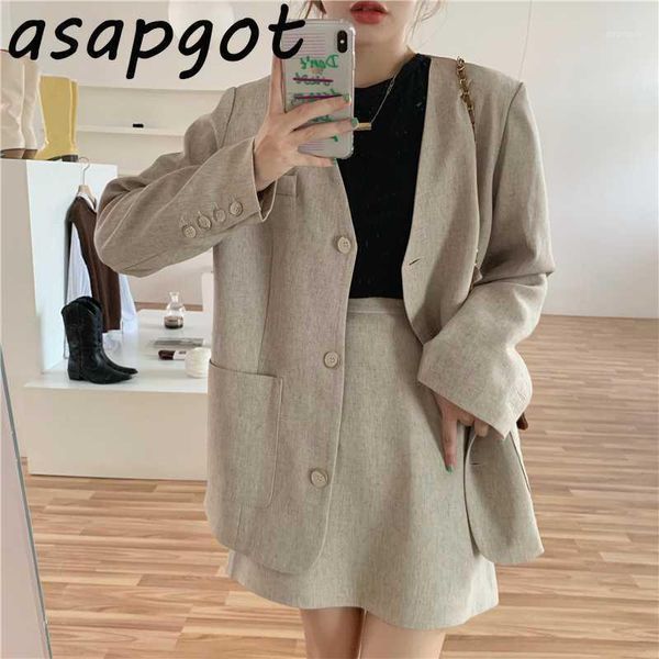 

new autumn temperament casual loose v neck blazer coat slim high waist suits skirts fashion skirt sets mujer faldas gentle retro1, White