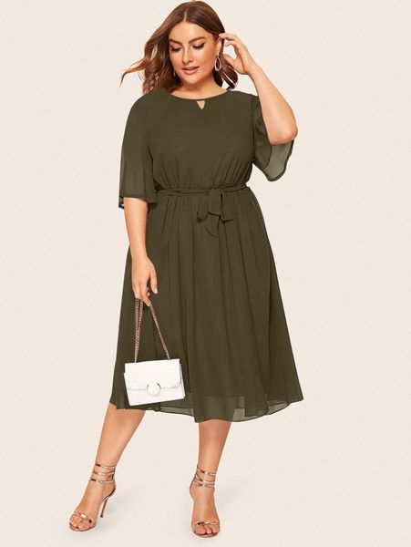 

plus butterfly sleeve self tie a-line dress v2ub#, Black