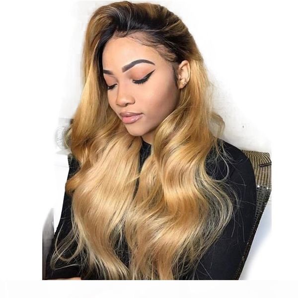 

ombre brown blonde u part human hair wigs body wave brazilian remy hair 150% middle part 2*4 two tone color for black women, Black;brown