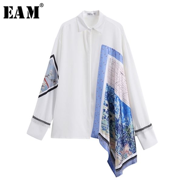

[eam] 2020 new spring autumn lapel long sleeve white irregular pattern printed big size shirt women blouse fashion tide lj200815