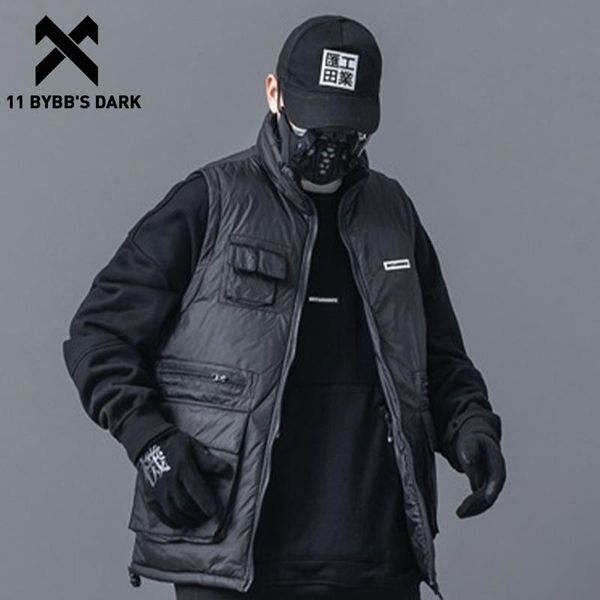

11 bybb's dark hip hop padded cargo vest coat mens streetwear multi pockets sleeveless tactical vest functional winter thicken, Black;white