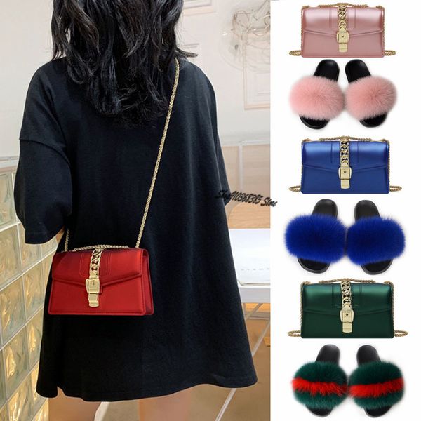 

women's fashion frosted jelly bag set shoulder diagonal bags female real fox fur slippers fluffy plush slides cute furry shoes y1202, Black