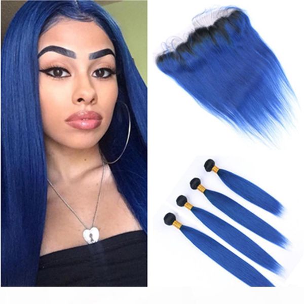 

#1b blue ombre bundles with frontal black roots and dark blue ombre brazilian straight weaves human hair 4bundles with lace frontal 13x4&quo, Black;brown