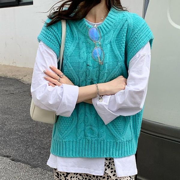 

women's vests [ewq] winter 2021 women casual loose round neck patchwork short minimalist sleeveless pullover knitting vest coat 8q366, Black;white