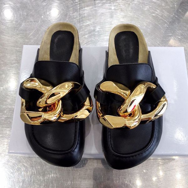 

2020 new minority leather personality exaggerated metal chain thick-soled head shoes western style slippers, Black