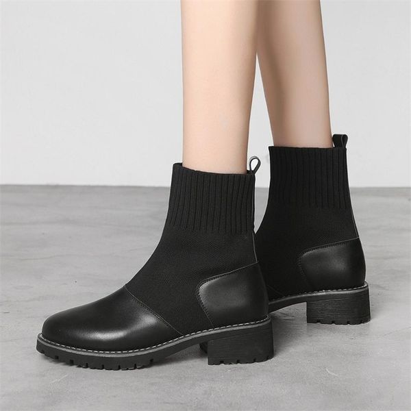 

women socks autumn and winter new waterproof leather woman stretch thin boots wild botin mujer big size y200115, Black