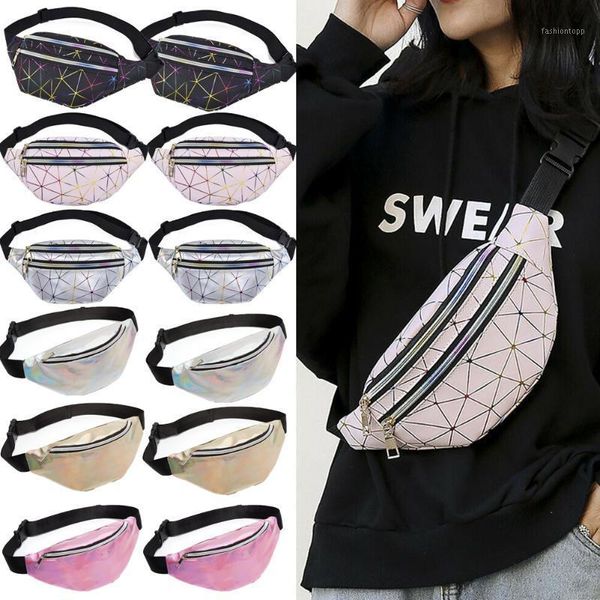 

waist bags multicolor women black geometric packs laser chest phone pouch silver fanny pack male female belt bag1