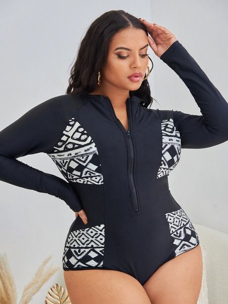 

plus geo graphic zipper front one piece swimsuit c420#, Black