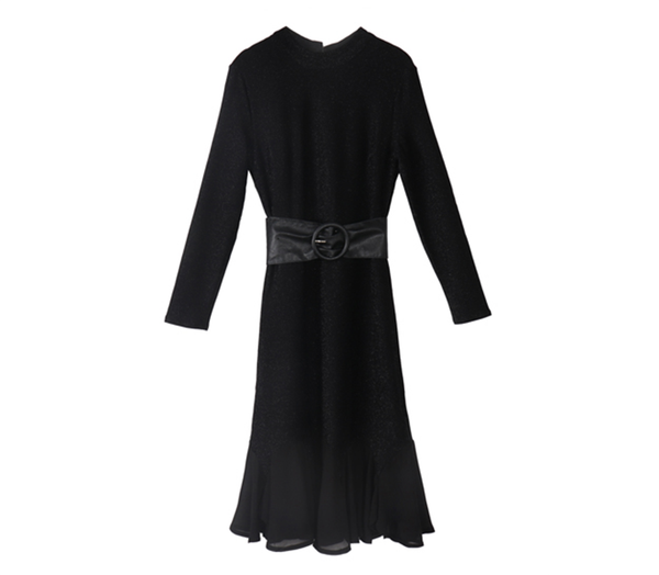

casual dresses 2021 arrival korean women full sleeve long o-neck high waist slim belt legant female vintage solid autumn vestidos, Black;gray
