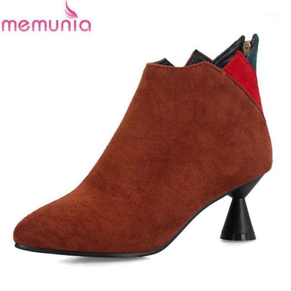 

boots memunia arrival 2021 fashion flock with ruffles strange style heels pointed toe winter ankle for women1, Black