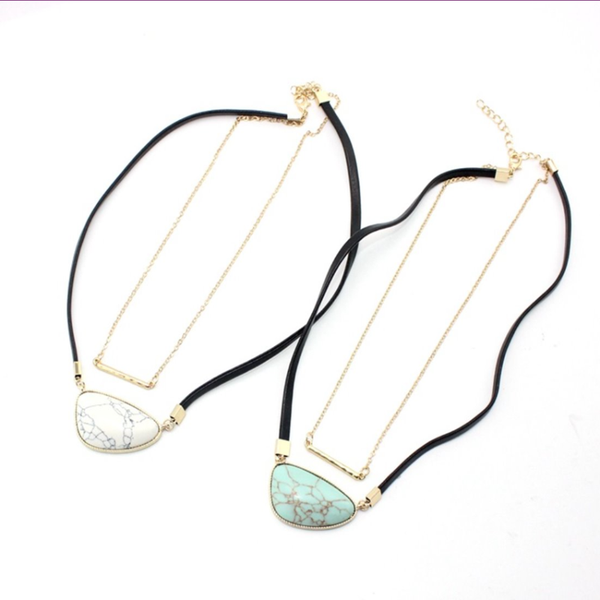 

pendant necklaces light yellow gold color layer irregular shape green turquosies black rope chain necklace white howlite stone jewelry, Silver